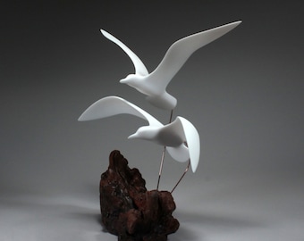 Seagull Sculpture by John Perry DUO 16in wingspan on burlwood. Signed.