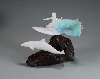 Surfer with Dolphin by John Perry Sculpture 10 inches long Statue Art Figurine