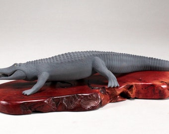 Alligator Sculpture by John Perry 12in Long airbrushed on burlwood slab