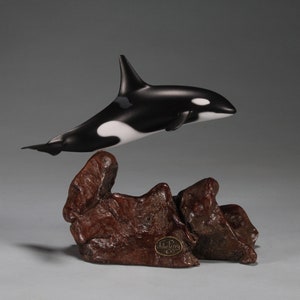 Killer Whale ORCA  by John Perry 6in long Sculpture Statue on burlwood base