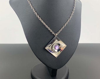 Modernist Stainless Steel Pendant Necklace: 1970s Diamond Purple Stone