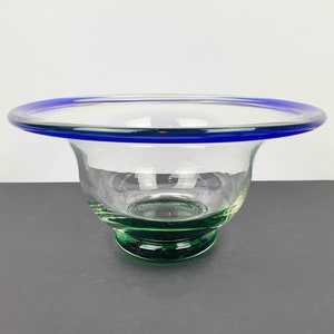 Vintage art glass centrepiece bowl in blue and green | Mid century modern art glass bowl | blue rim art glass bowl