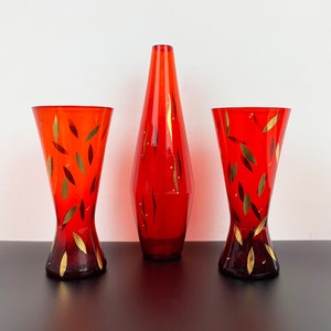 Bohemia Czechoslovakia red glass vase collection Set of 3 | mid century red vase with hand painted gold leaf detail