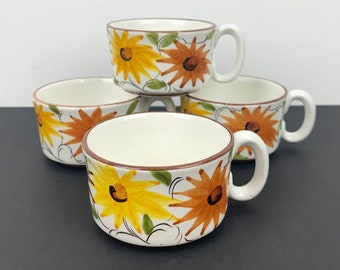 Olaria de Alcobaça Hand-Painted Flower Cups - Portuguese Coffee Cup Set