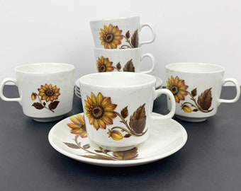 Johnson of Australia Hayman cups and saucers Set of 5 | sunflower floral tea cups | vintage Australian coffee cups | floral retro cups