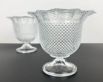 Pair of dessert glasses with spiderweb design and diamond point bowl | vintage ice cream footed bowls | footed dessert glass