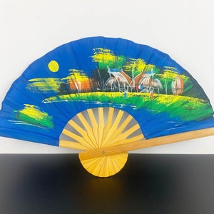 Asian hand painted fabric fans Set of 2 | Asian bamboo fans | Decorative wall fan | Pretty scenic painted fans | Asian decor