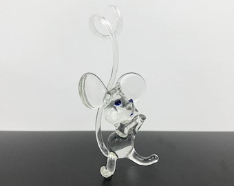 Hand blown glass mouse ornament with long tail | vintage clear glass mouse figurine | mouse shelf ornament or desk accessory