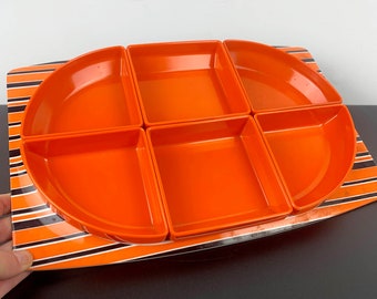 Vintage Bessemer Europa Melamin Vorspeisen Platte: Retro Orange & Schwarz unterteiltes Serviertablett