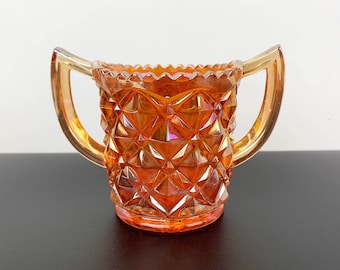 Art Deco Marigold Carnival Glass Twin Handle Sugar Bowl: Diamond Point Pattern
