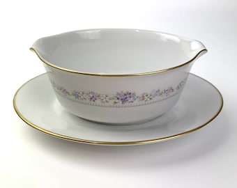 Noritake Gravy Boat with Saucer One Piece | Noritake Lilac Time Pattern 2483 | Noritake sauce dish with attached plate 1970s vintage