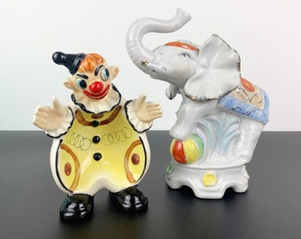 Set van 2 decoratieve keramiekwaren met circusthema | clown snuisterijbakje of zeephouder | olifant spaarpot | circusolifant ornament