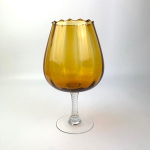 Vintage Brandy Balloon | Art glass balloon glass | large amber brandy balloon | decorative large glass | wavy rim stemmed balloon glass