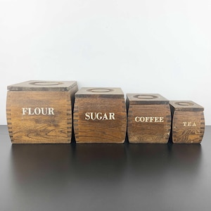 Juego de botes de cocina de madera vintage / Juego de 4 botes de cocina retro / Juego de almacenamiento de cocina de madera con uniones de cola de milano