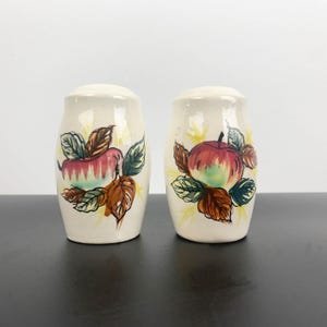 Ceramic salt and pepper shakers with apple artwork | 1970&#39;s hand painted salt and pepper set with apples