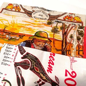 Vintage Australia themed tea towel collection set of 3 | Aboriginal Dreamtime tea towel | Swagman tea towel | Bendigo Pottery tea towel