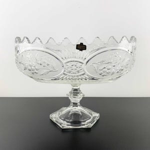 Zajecar Yugoslavia large oval crystal pedestal bowl with sawtooth rim and frosted flower panels | Vintage crystal footed centrepiece bowl