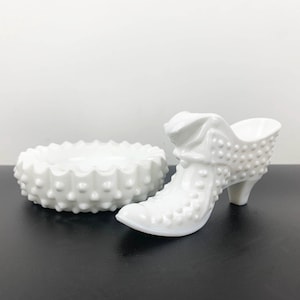 Fenton Milk Glass Hobnail Set small bowl and shoe ornament | White Fenton hobnail collection | Milk glass collectible set