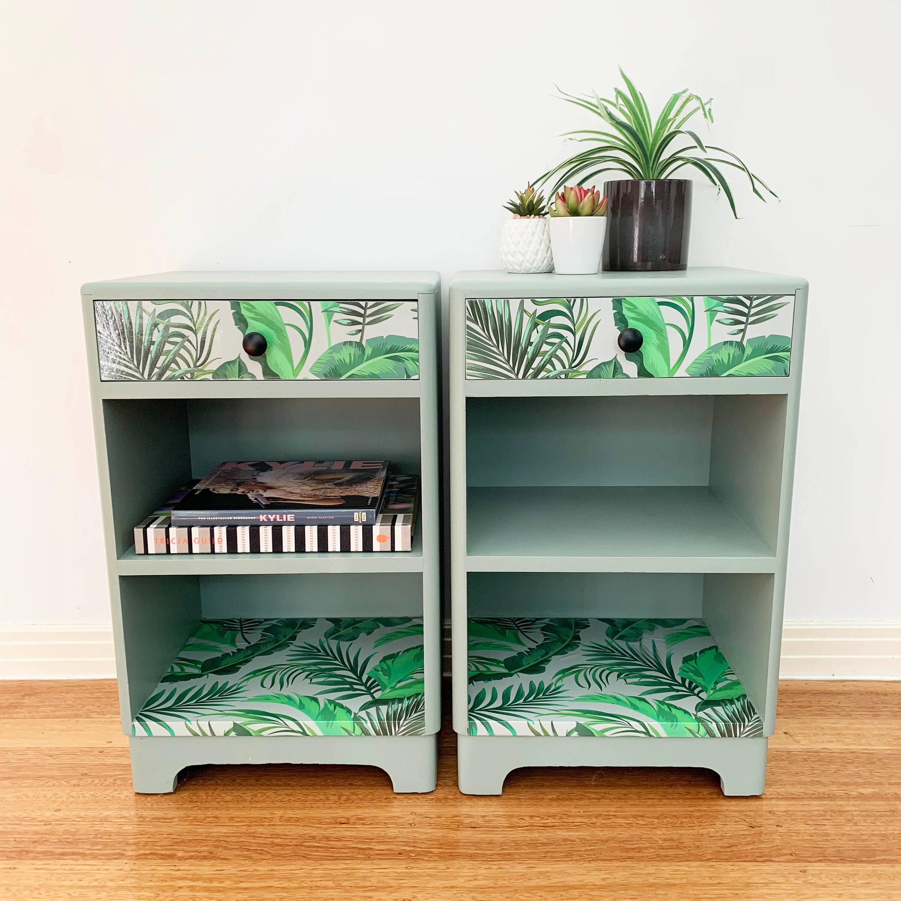 Pair of Bedsides Tables in Sage Green With Fern Art Upcycled Etsy