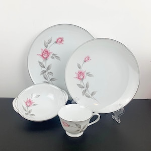 Noritake Japan &#39;Rosemarie&#39; dinnerware pattern 6044 | rose dinnerware | silver edged dinnerware | 1960&#39;s collectible fine china
