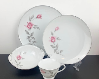 Noritake Japan &#39;Rosemarie&#39; dinnerware pattern 6044 | rose dinnerware | silver edged dinnerware | 1960&#39;s collectible fine china