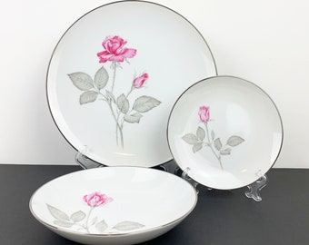Vaisselle Zylstra Fine China Japon 'Zylstra Rose' | vaisselle rose | vaisselle bord argent | rare porcelaine de collection des années 1960