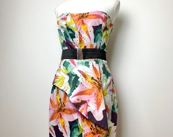 Karen Millen vintage tropical floral strapless dress | wedding guest dress | strapless evening dress | event party dress | designer dress