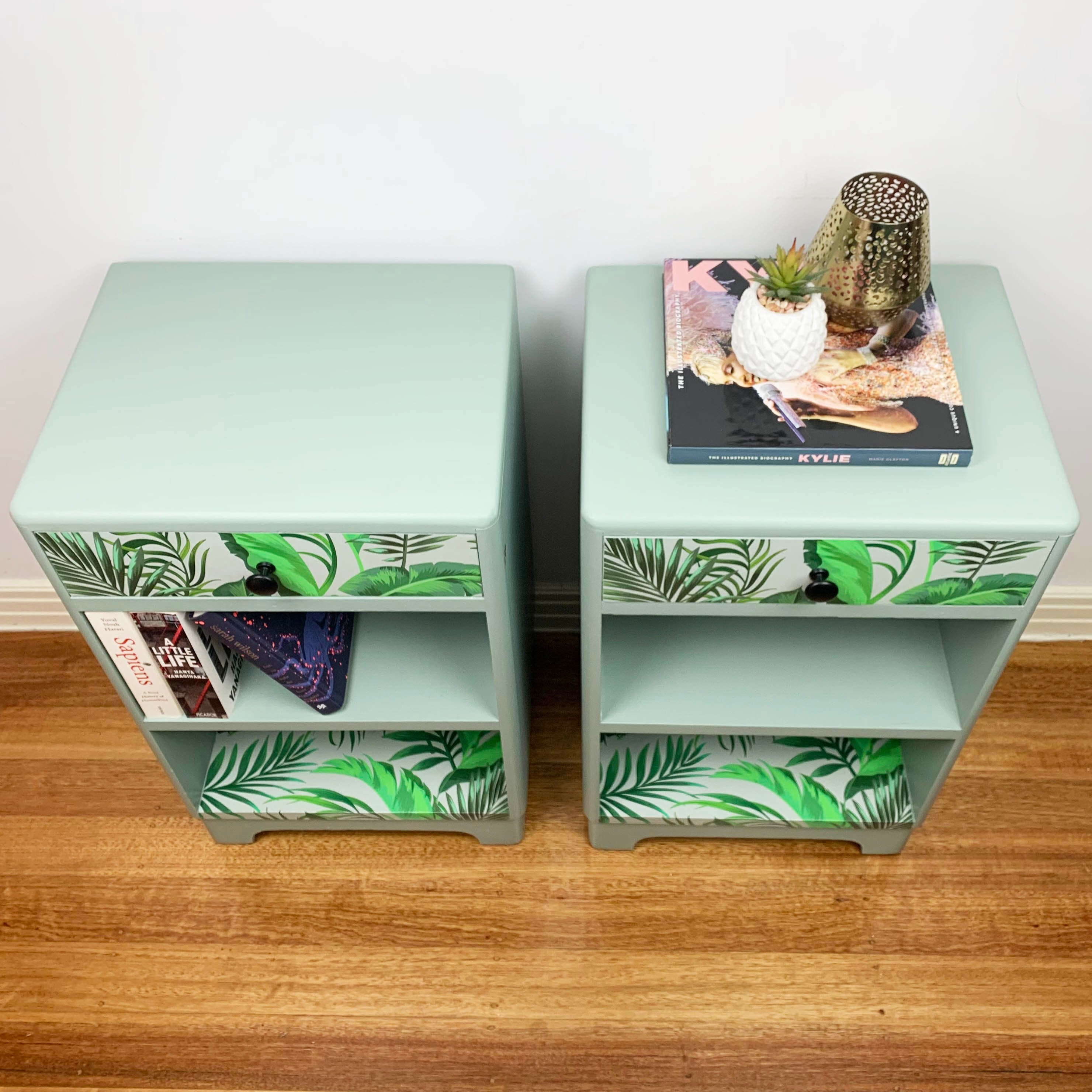Pair of Bedsides Tables in Sage Green With Fern Art Upcycled Etsy