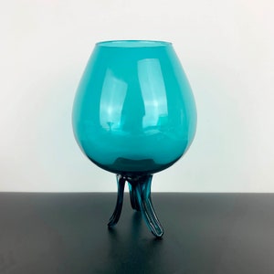 Vintage Teal Brandy Balloon with unique stem | Art glass brandy balloon | decorative oversize glass with tri footed base