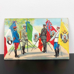 WO1 ansichtkaart 1916 | Illustratieve WO1 briefkaart Geallieerde strijdkrachten tegen Duitsland met interessante opmerking op achterkant | Italiaanse ansichtkaart WO1