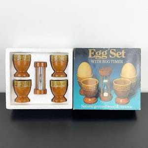Retro 1970&#39;s timber and ceramic egg cups with timber timer | Vintage egg cup as new in original box | Retro kitchen and table ware