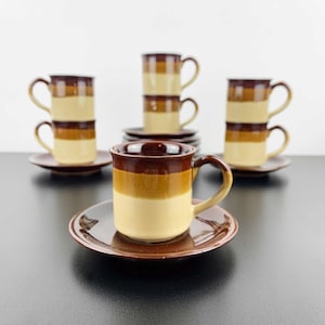 Juego de 7 tazas y platillos de café expreso de loza esmaltada retro / Taza y platillo demitasse vintage marrón ombré / Mini taza y platillo retro