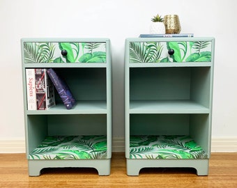 Pair of bedsides tables in sage green with fern art | upcycled bedroom furniture | unique bedroom furniture | art furniture