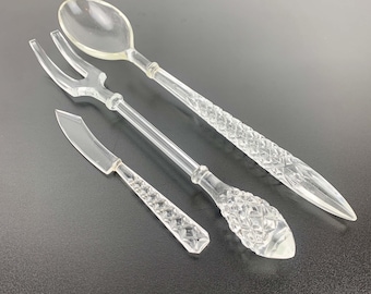 Diamond Cut Glass Salad Server and Knife Set: Crystal Serving Utensils