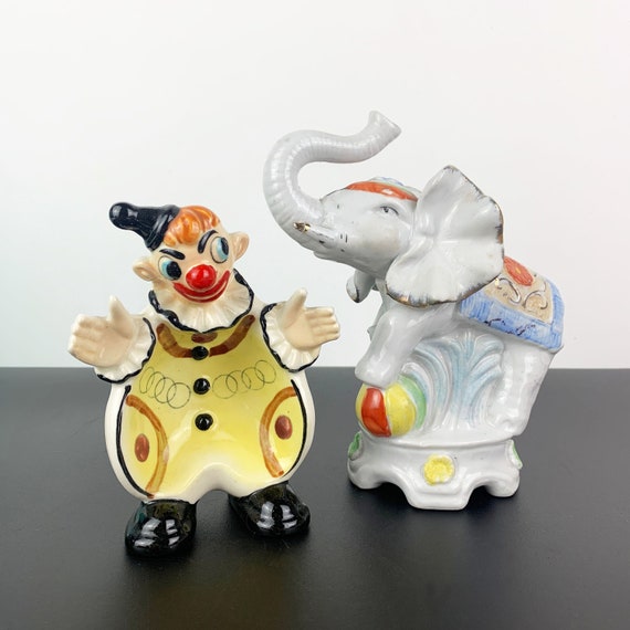 ヴィンテージサーカス陶器装飾：ピエロの小物入れや象の貯金箱 - Etsy 日本