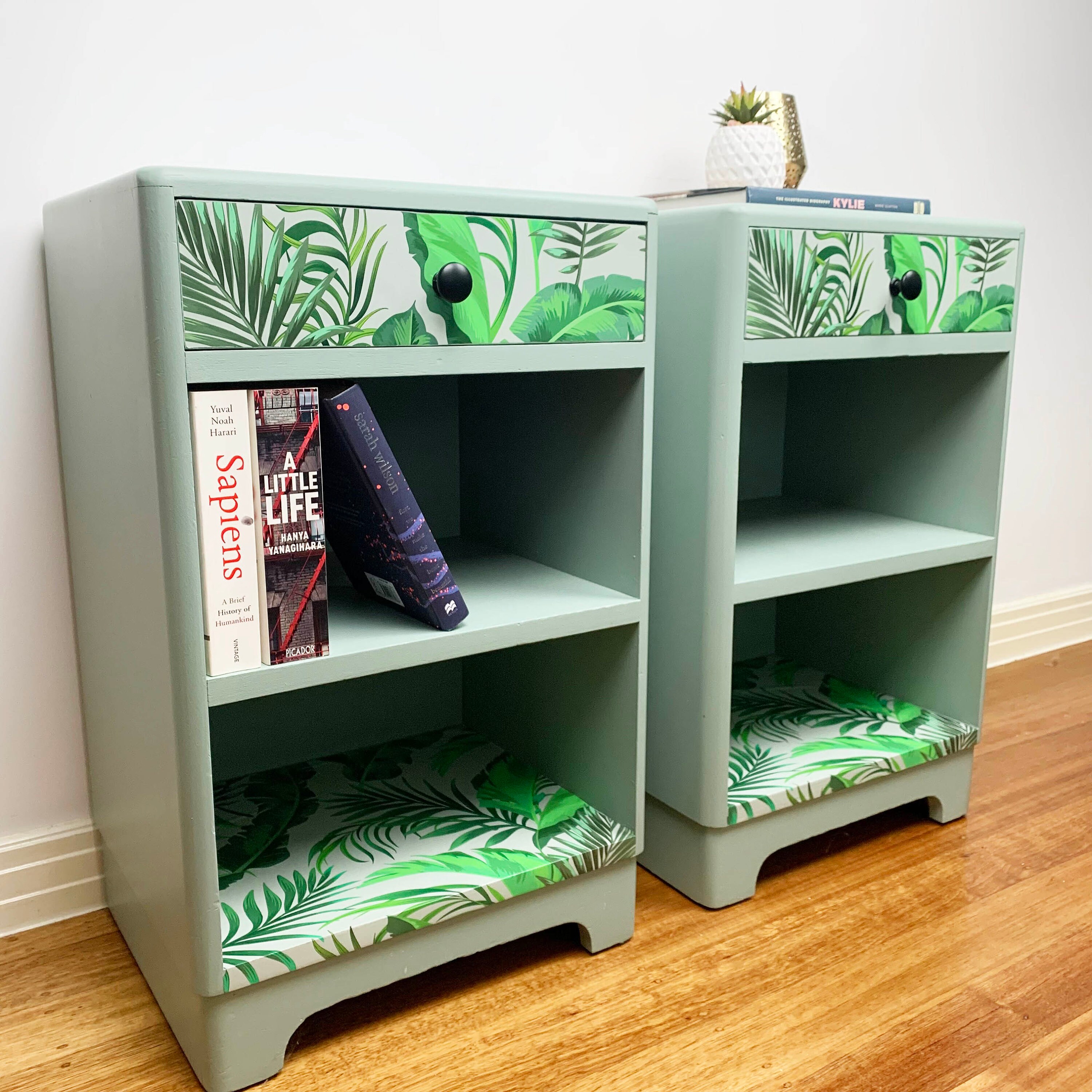 Pair of Bedsides Tables in Sage Green With Fern Art Upcycled Etsy
