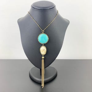 Aqua turquoise long bead necklace with tassel | costume jewellery necklace in turquoise with gold tassel | statement long necklace