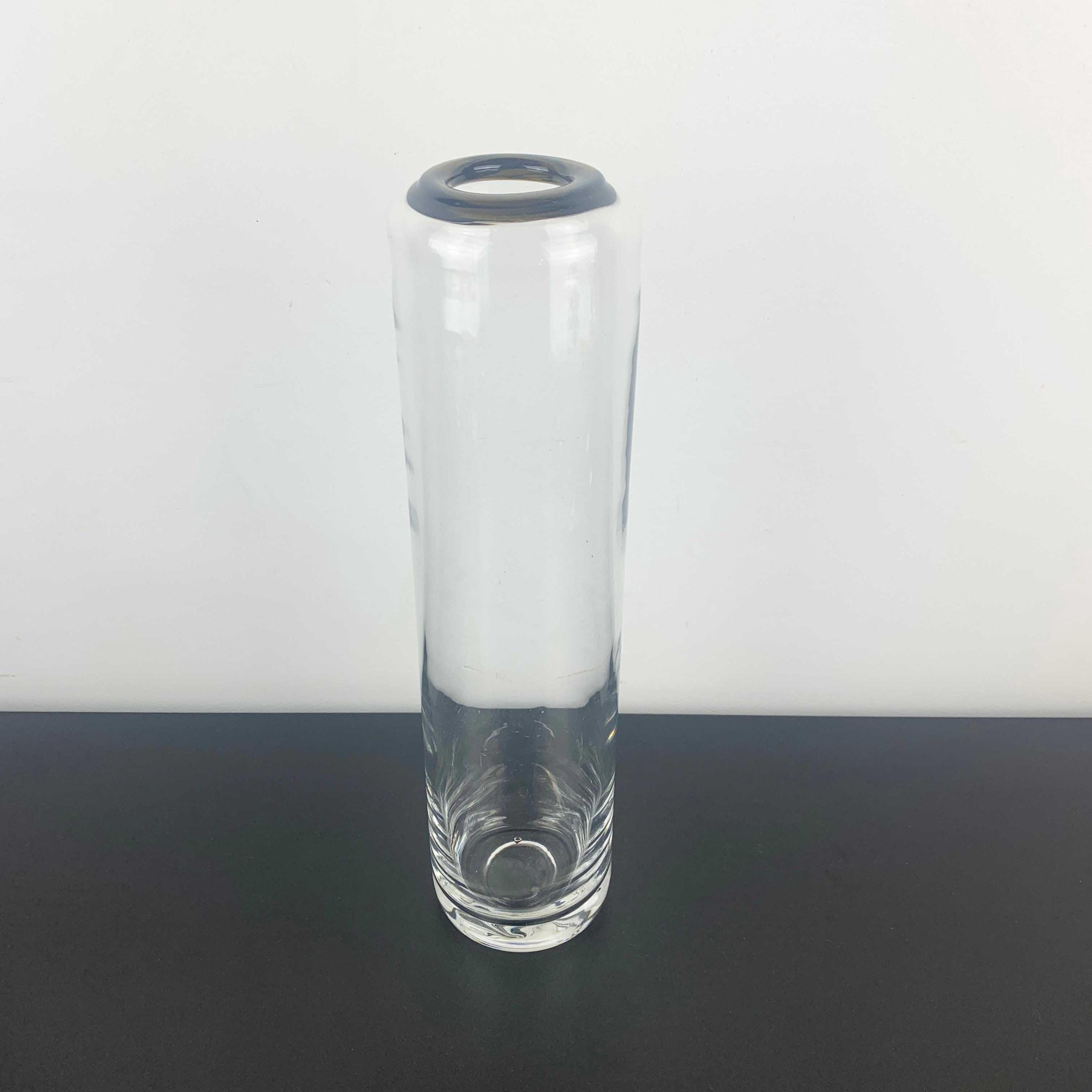 Vintage tall cylinder vase with green blown glass top ring | Long stem flower glass cylinder vase | Scandi style cylinder vase