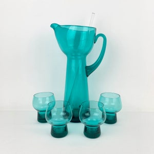 Mid-century blauwgroen cocktailset Polen | Handgeblazen glazen karafset met 4 glazen en roerstaafje | aperitief barwagen glaswerk set