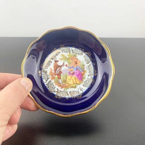 Limoges navy blue and gold pin dish | French Fragonard courting couple scene butter and jam dish | Limoges trinket dish