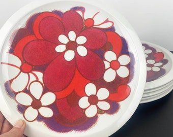 Vintage Bessemer Melamin Speiseteller: Rotes Blumen Retro Picknickgeschirr