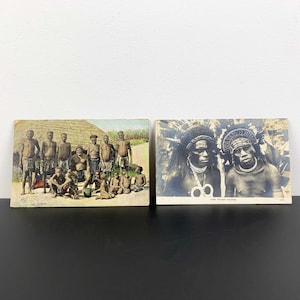 Zestaw 2 fotograficznych pocztówek z 1900 r. przedstawiających tubylców | Pocztówka z Cape Nelson | Pocztówka Zulus at Home South Africa