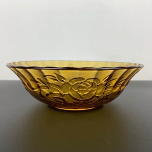 Amber salad bowl with roses design and fluted side detail | Amber pressed glass serving bowl | Amber glass decorative bowl