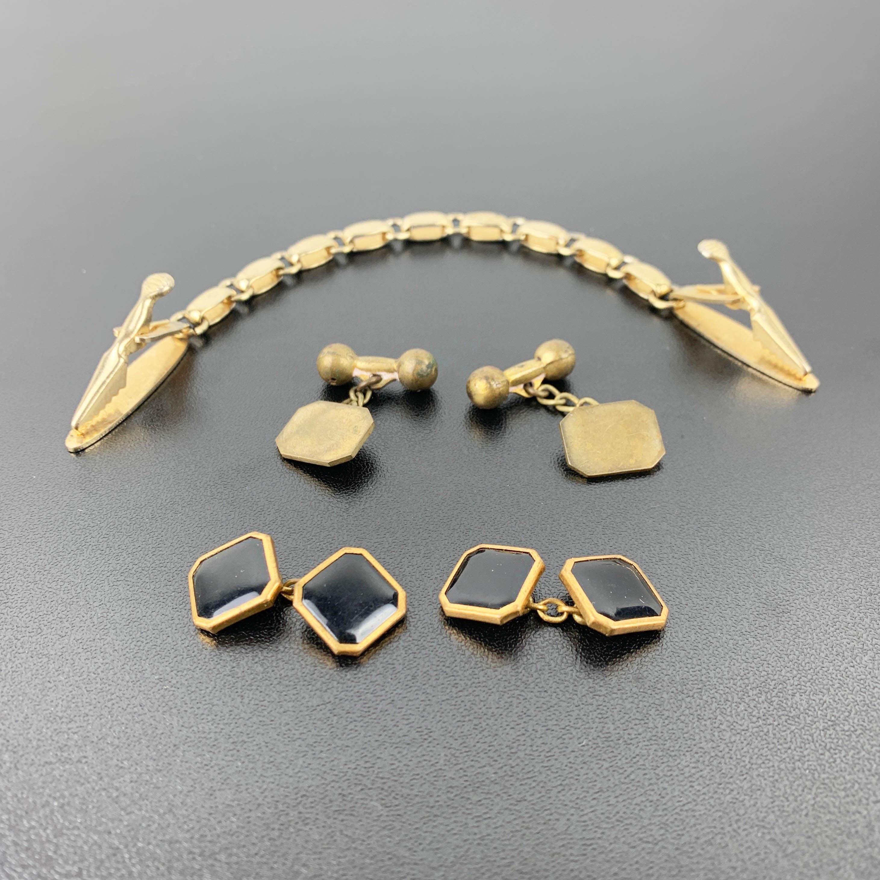 アールデコ調のカフスボタンとセータークリップセット：ヴィンテージ