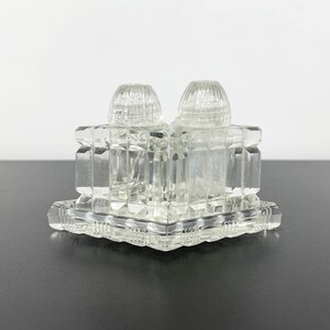 Glass Triangle Shaped Salt and Pepper Shaker Set on Tray: Vintage Condiment Servers