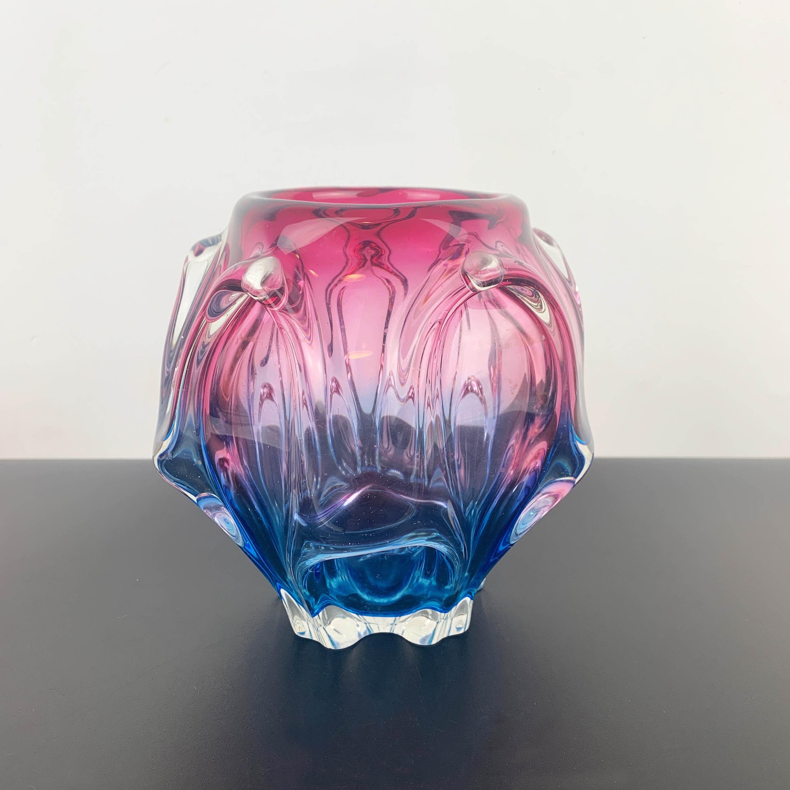 Sanyu Glass (Japan) Art Glass Vase in Blue and Pink Ombre | mid century art glass | Decorative collectible Japanese glass