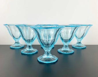 Electric Blue Dessert Glasses - Italian Art Deco Style Sundae Bowls - Set of 6