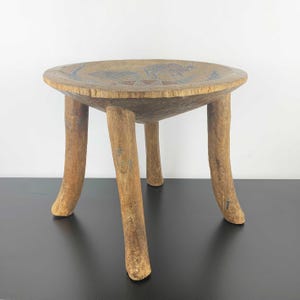 Rustic Beaded Kamba Stool: Hand-Carved African Tribal Decor