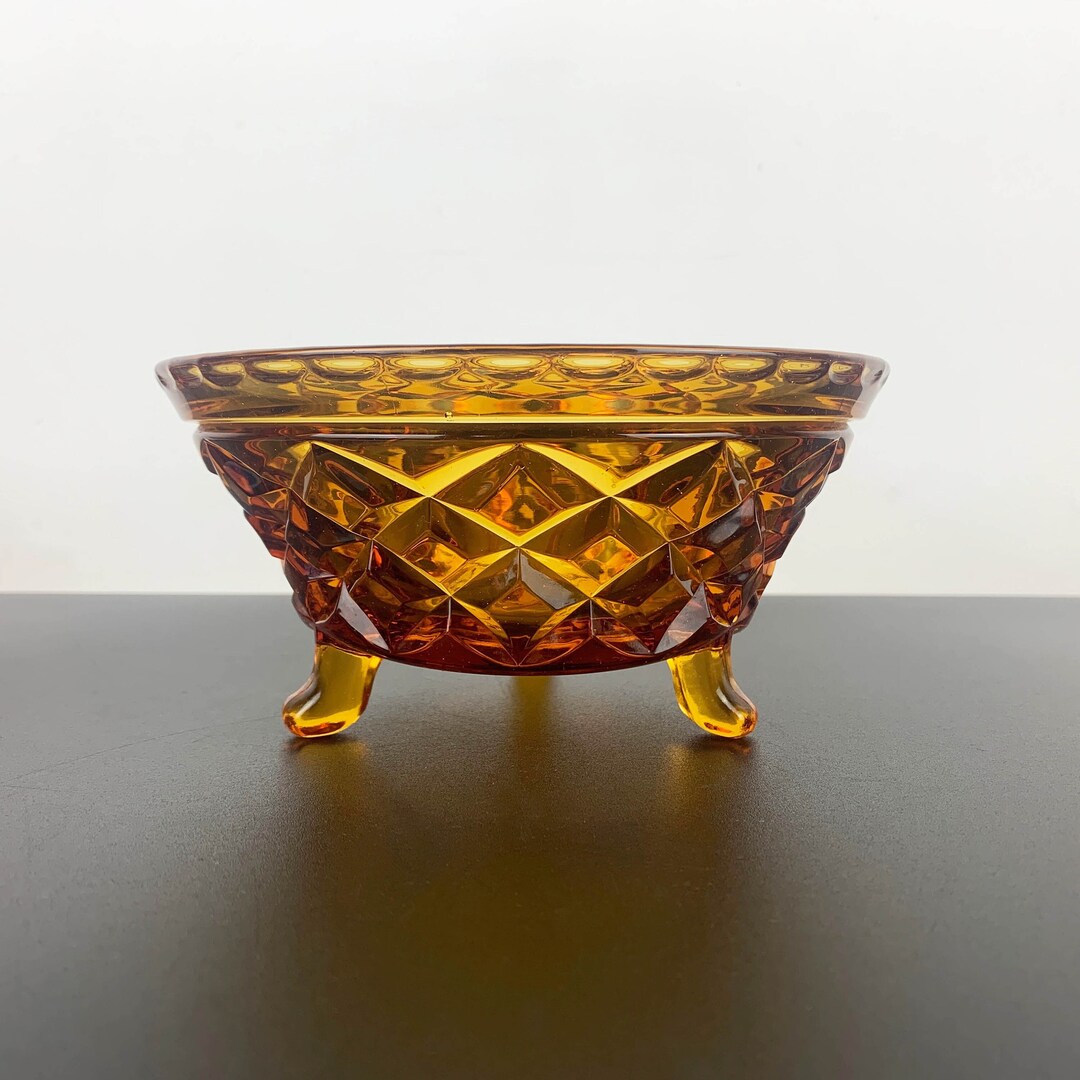 Amber Glass Tri Foot Small Serving Bowl With Diamond Cut and Scalloped ...