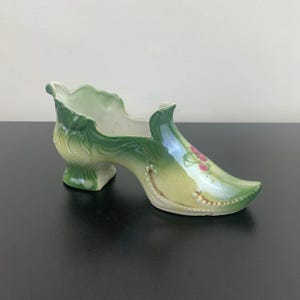 Victorian style porcelain shoe ornament | green shoe figurine | small shoe succulent planter | shoe ornament decor